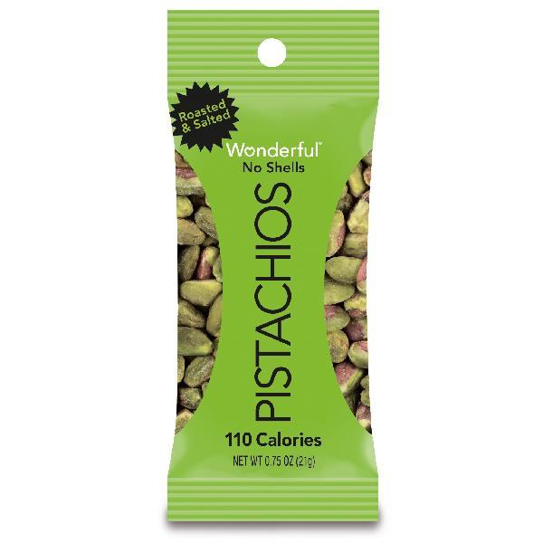 Wonderful Pistachios Roasted & Salted Without Shell Pistachios 0.75 Ounce Size - 96 Per Case.