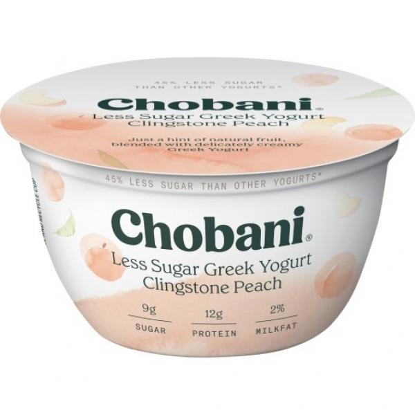 Chobani® Less Sugar Low Fat Greek Yogurt Clingstone Peach 5.3 Ounce Size - 12 Per Case.