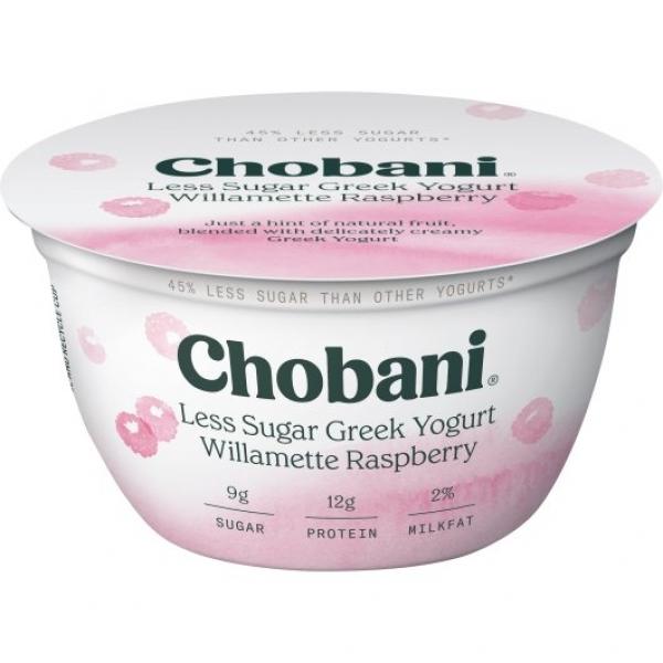Chobani® Less Sugar Low Fat Greek Yogurt Williamette Raspberry 5.3 Ounce Size - 12 Per Case.