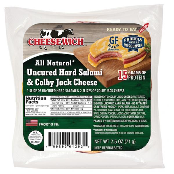 Slices Of Colby Jack Cheese With Slice Ofhard Salami In The Middle 2.5 Ounce Size - 64 Per Case.