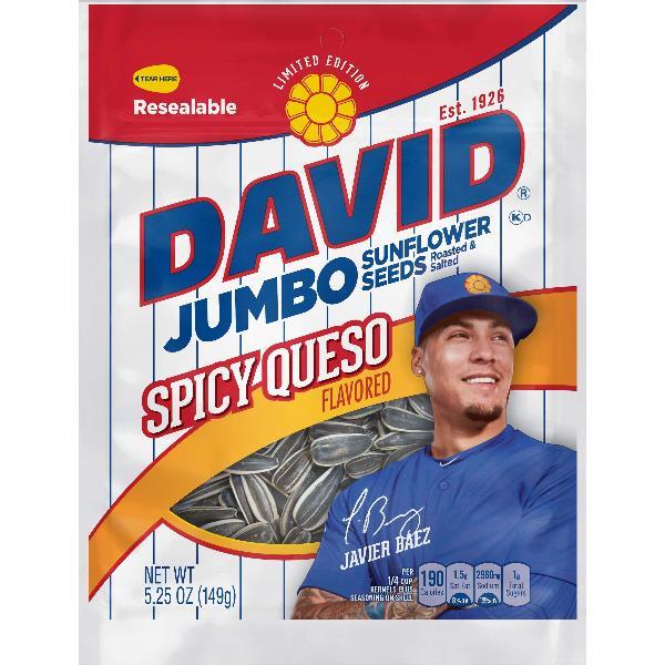 David Roasted And Salted Spicy Queso Jumbo Sunflower Seeds Pack 5.25 Ounce Size - 12 Per Case.