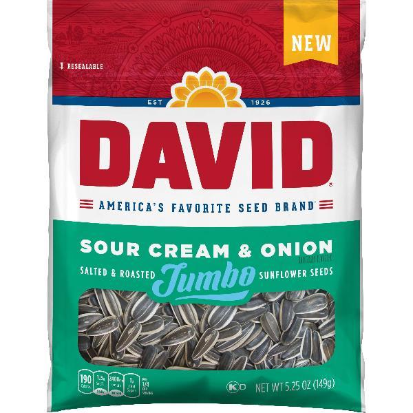 David Sour Cream & Onion Jumbo Sunflower Seeds Resealable Bag 5.25 Ounce Size - 12 Per Case.