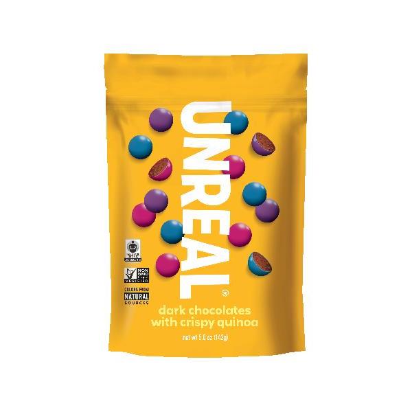 Unreal Candy Dark Chocolate Crispy Gems Bag 5 Ounce Size - 6 Per Case.