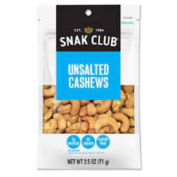 Snak Club Unsalted Cashews 2.5 Ounce Size - 6 Per Case.