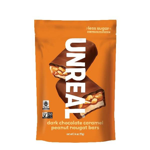 Unreal Brands Dark Chocolate Caramel Peanut Nougat Bars 3.4 Ounce Size - 6 Per Case.
