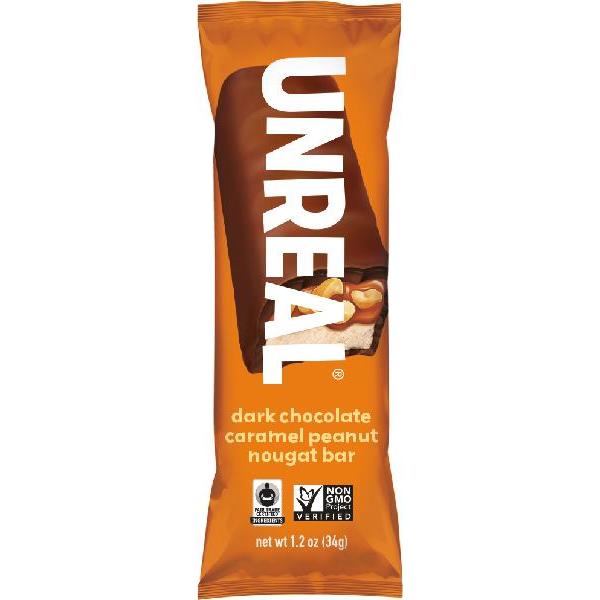 Unreal Brands Dark Chocolate Caramel Peanut Nougat Bars 0.074 Pound Each - 72 Per Case.