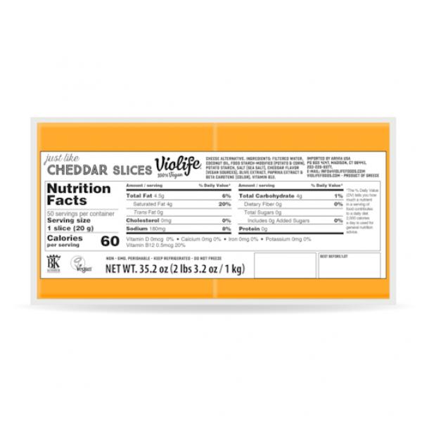 Violife Vegan Just Like Cheddar Slices 2.2 Pound Each - 5 Per Case.