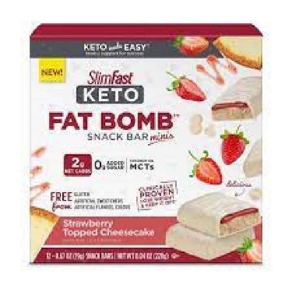 Slimfast Keto Fat Bomb Mini Bar Strawberry CheesecakeBox 0.67 Ounce Size - 48 Per Case.