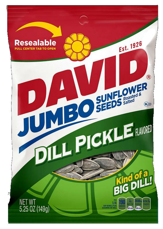 David Roasted And Salted Dill Pickle Jumbo Sunflower Seeds Pack 5.25 Ounce Size - 12 Per Case.