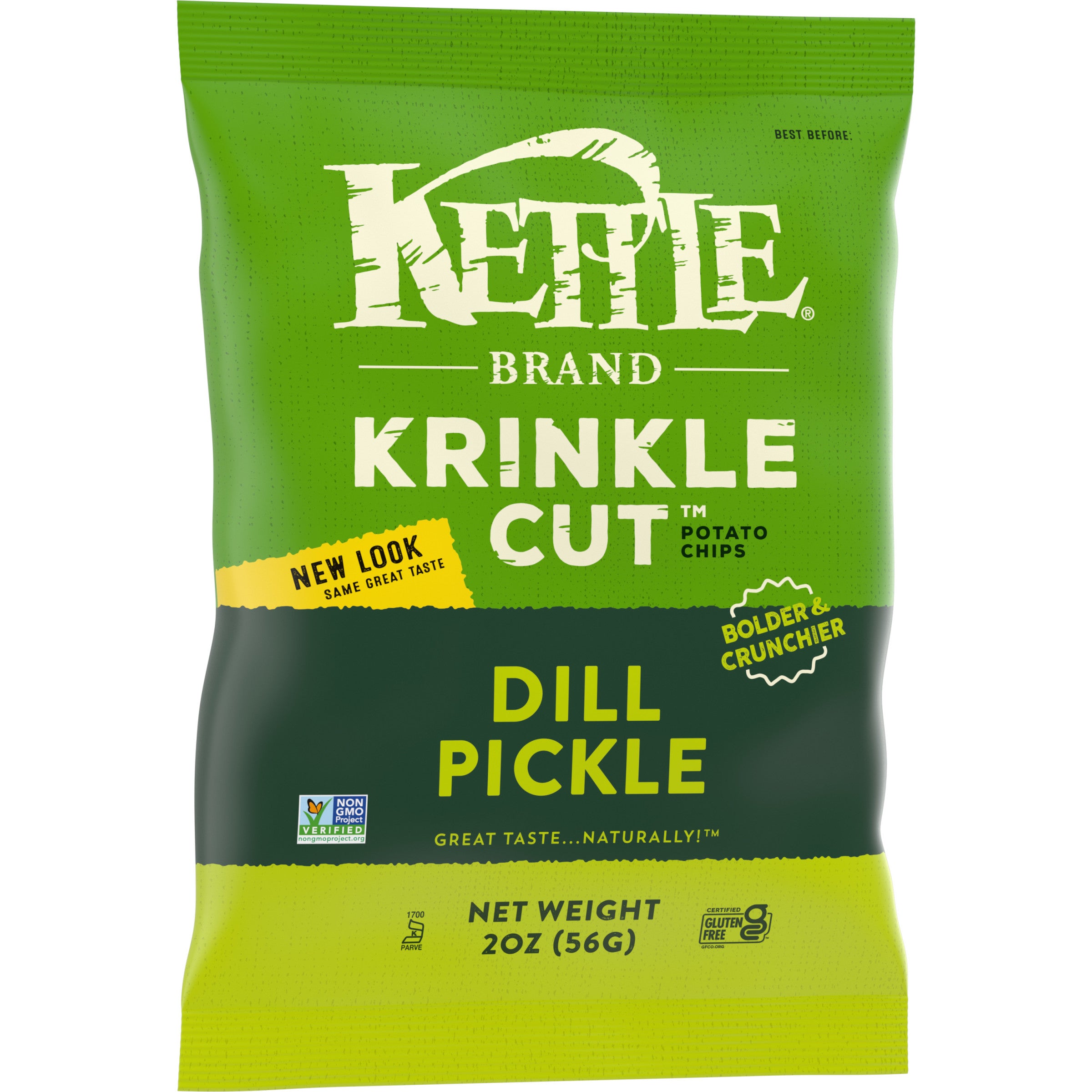 Kettle Brand Potato Chips Krinkle Cut Dill Pickle Kettle Chips 2 Ounce Size - 24 Per Case.